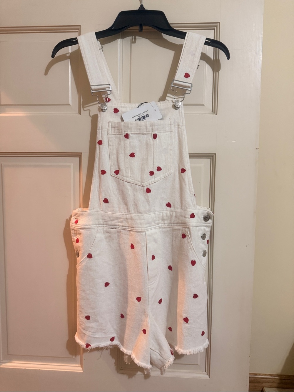 White Denim Women's Overall Shorts with Red Heart Print